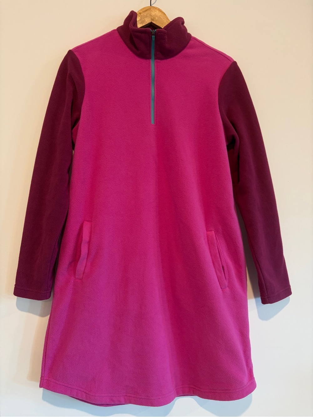 Lands' End Fleece Quarter Zip Dress Colorblock Magenta Purple Size M 10-12
